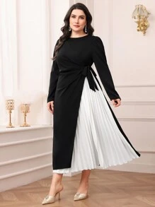Modelyn Plus Size Solid Color Casual Everyday Dress, Simple And Fashionable Long Evening Dresses - Black and White - View 3