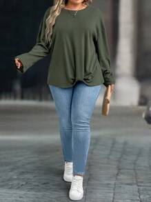 SHEIN LUNE Plus Size Women's Casual Twist Front Hem Long Sleeve T-Shirt, Spring/Autumn