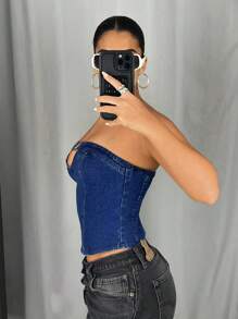 SHEIN ICON 紧身金属镂空短款牛仔紧身胸衣 - 深色水洗藍 - 查看 5