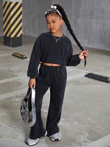 SHEIN Leap Crew Tween Girl Mom And Me Fuzzy Knit Crew Neck Loose Fit Sporty Set - Dark Grey - View 4