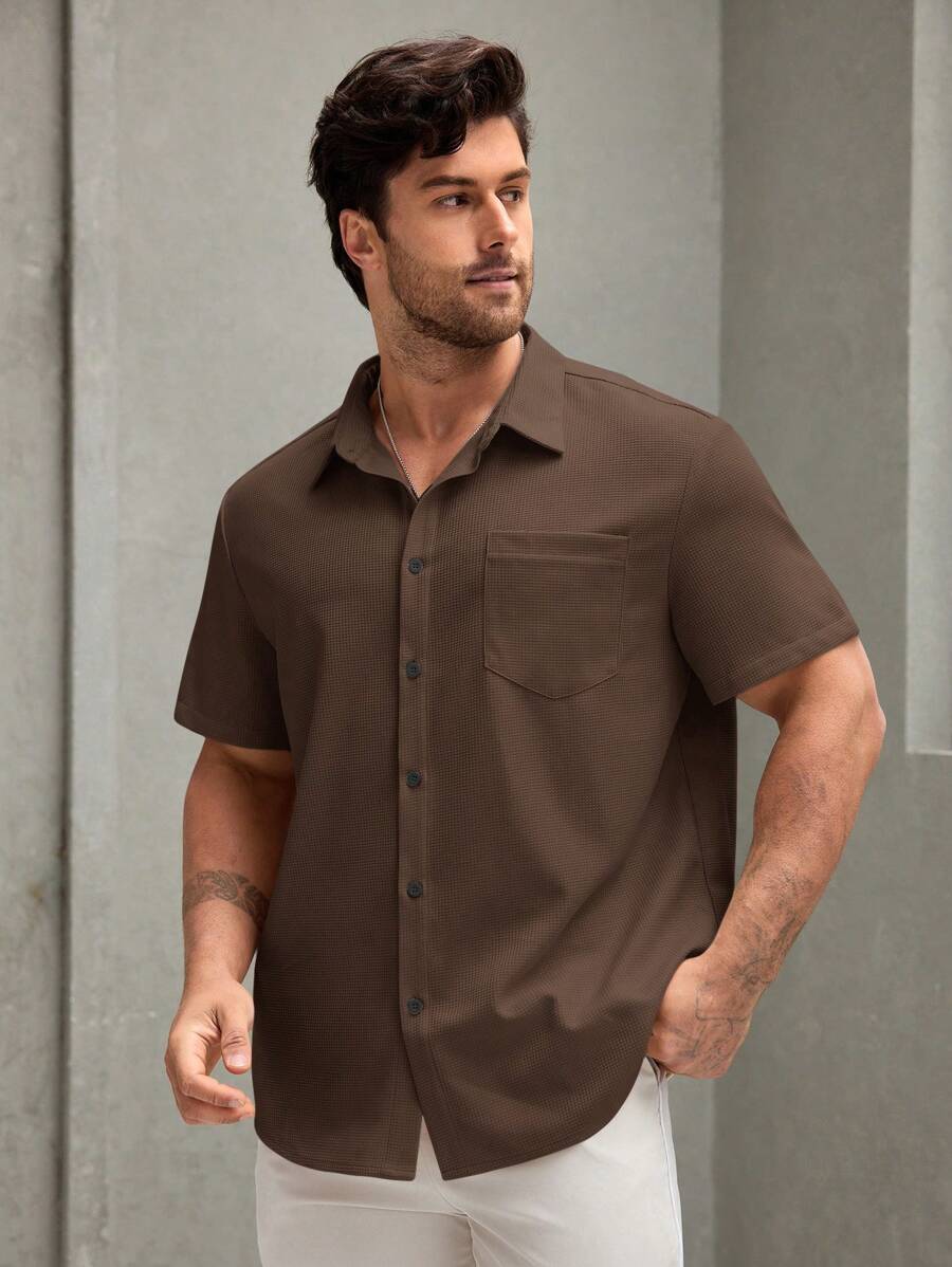 Manfinity Homme Plus Size Men's Solid Color Front Button Short Sleeve Pocket Casual Shirt - Brown - View 1