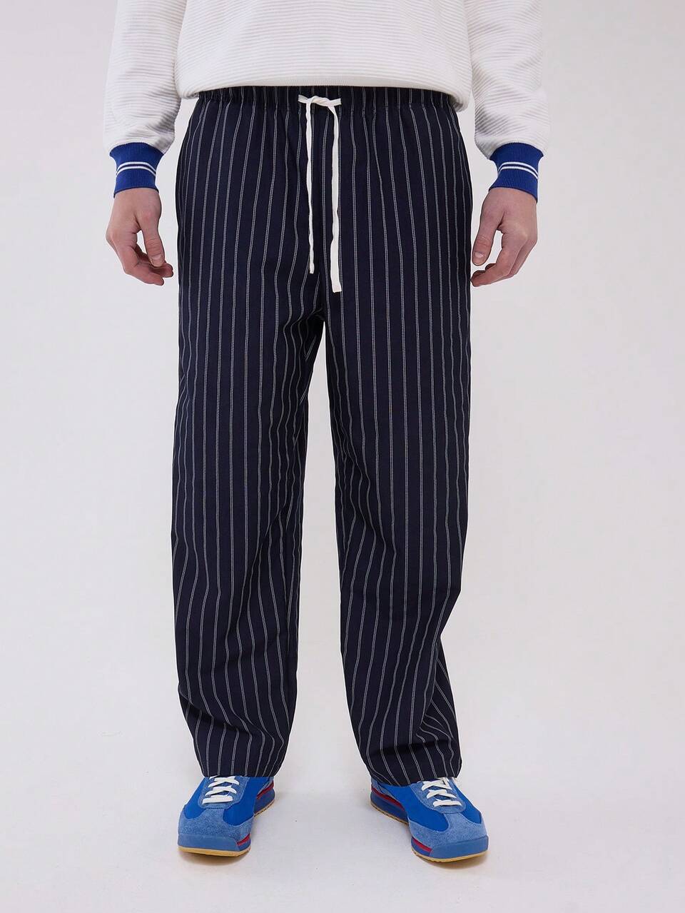 Pantalon droit à taille élastique avec cordon de serrage, rayures fines, PRINTEMPS ÉTÉ