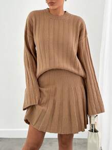 EURMUSE Pleated Skirt And Rib Pattern Sweater 2 Pcs Set - Camel - View 1