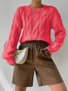 SHEIN Unity Suéter casual de mujer de cuello redondo y hombros caídos, de unicolor, para otoño/invierno - Rosa Fucsia - Ver 4