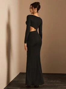 Glamine Women's Front Tie Long Sleeve Hollow Minimalist Slim Fit Dress Maxi Women Outfit, Long Sleeve Dress Fall Cloth For Women - Black - View 3
