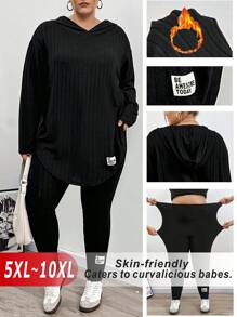 SHEIN CURVE+ 大码针织罗纹长袖弧形下摆 T 恤和紧身裤套装 - 黑色 - 查看 1