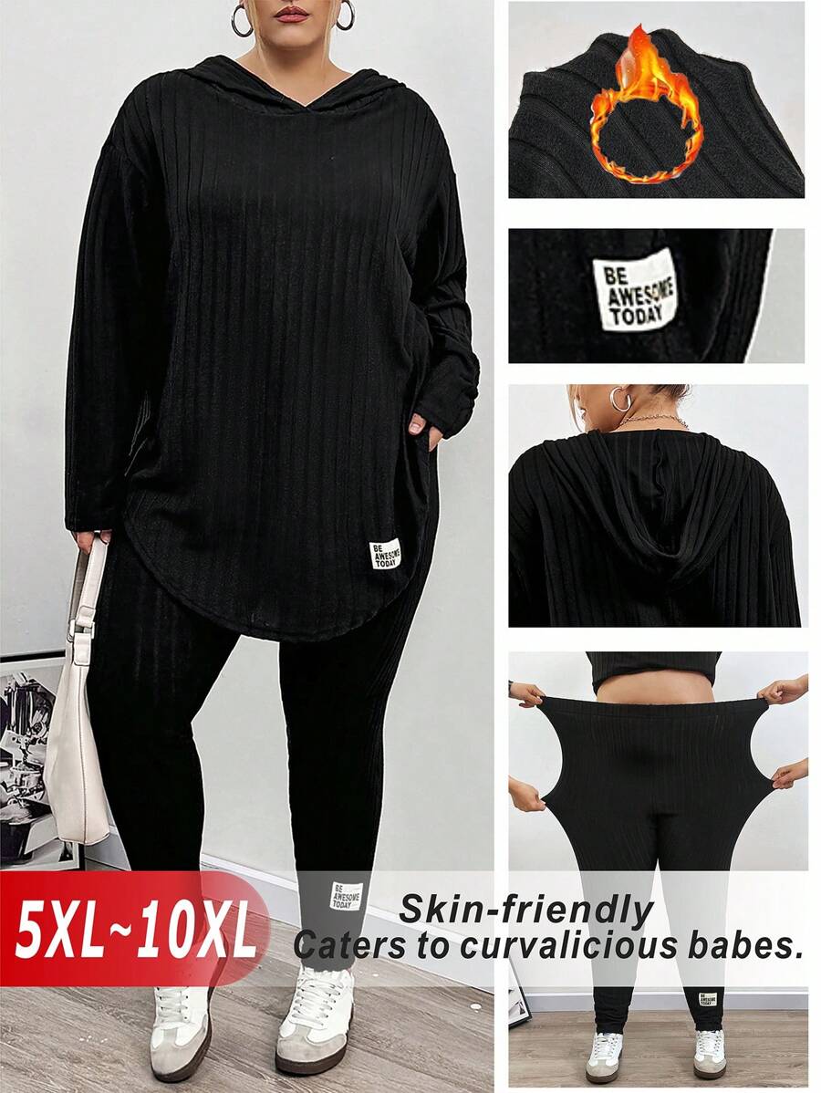 SHEIN CURVE+ 大码针织罗纹长袖弧形下摆 T 恤和紧身裤套装 - 黑色 - 查看 1