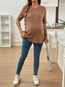 SHEIN Maternity Simple Casual Frill Crew Neck Pullover T-Shirt - Brown - View 6