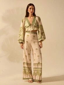 CAJUNI 女式波西米亚风热带棕榈树印花 V 领灯笼袖系带衬衫，休闲海滩度假夏季短款上衣 - 彩色 - 查看 5