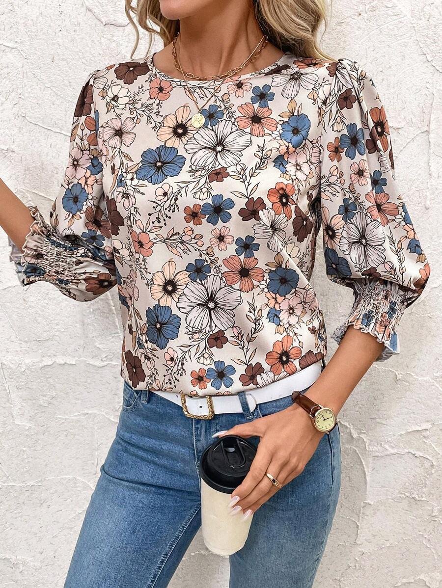 SHEIN Clasi 女士花卉印花圆领长袖简约衬衫 - 彩色 - 查看 1