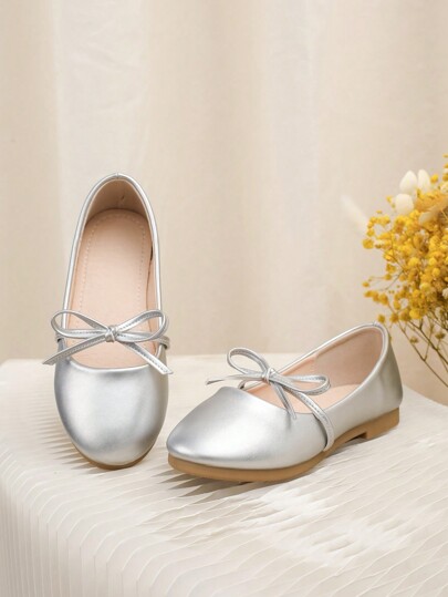 Scarpe ballerine argento con fiocco da principessa per ragazze, adatte per primavera/autunno