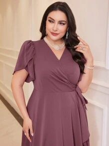 Modelyn Đầm tay ngắn họa tiết hoa cánh hoa quấn thắt nút màu trơn cỡ lớn cho nữ - Bụi hồng - Xem 5