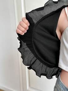 Tween Girl Knitted Texture Ruffle Collar Ruffle Short Long-Sleeved Jacket, Chiffon Pleated Lace Jacket, Mommy And Me Matching, Back To School - Black - View 6