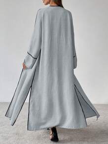 SHEIN Clasi Conjunto de 2 piezas para mujer con chaqueta de manga larga casual holgada de cuello redondo con ribete de contraste y pantalones pata ancha - Gris - Ver 2