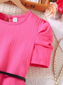 SHEIN Tween 女童纯色圆领短款泡泡袖可爱连衣裙