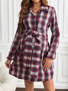 SHEIN Casual V-Neck Embroidered Waist Belt Plaid Maternity Dress - Multicolor - View 1