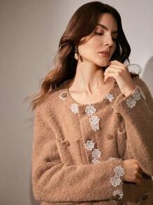 Anewsta Elegant Loose Floral Pocket Cardigan, High Quality Sophisticated Style Women Outfit For New Year