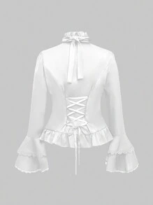 ROMWE Goth 加大码文艺复兴复古宫廷风格哥特式可拆卸荷叶边领带巴洛克钻石吊坠喇叭袖口束腰女式衬衫