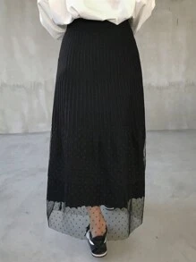 FRIFUL Women's Layered Design Mesh Contrast Sweater Skirt - Black - View 6