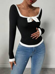 Chiquease Suéter feminino minimalista de malha com blocos de cores e corte slim para outono e inverno. - Multicolorido - Ver 4