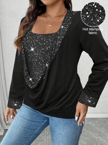EMERY ROSE Plus Size Casual Draped Neck Long Sleeve T-Shirt With 2 In 1 Design For Spring - Multicolor - View 4