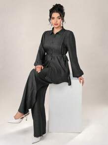 Graceveil 2 件套女士纯色前扣长袖简约上衣和长裤 2 件套女士适度秋季服装 - 灰色 - 查看 6