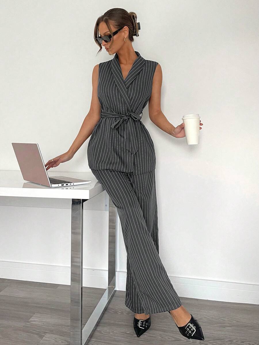 SHEIN Essnce Women's Striped Wrap Kimono Style Casual Suit Set, Grey Office & Commute Fashion Two-Piece Outfit, Office Wear