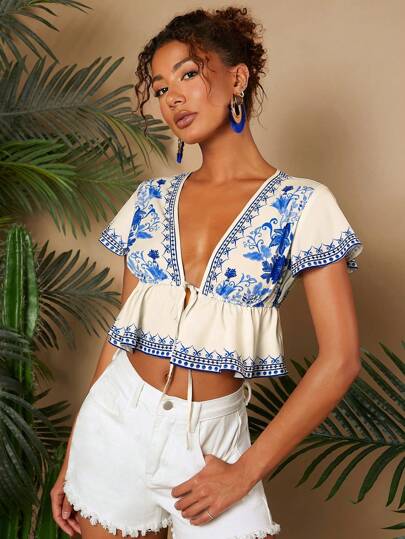 Travachic 女式度假风格印花系腰荷叶边下摆短款女式上衣