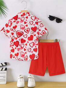 SHEIN 2 件套 Tween Boy 情人节爱心印花衬衫和短裤套装 - 紅色 - 查看 2