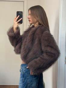 SHEIN EZwear Women Open Front Fluffy Coats In Fall/Winter - Rust Brown - View 7
