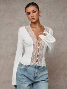 SHEIN BAE Ropa de invierno para mujer, cárdigan con top de encaje sexy de manga larga, top de Navidad