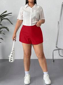 SHEIN EZwear 大码纯色前扣口袋简约短裤，休闲日常穿着 - 紅色 - 查看 10