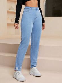 SHEIN EZwear Women's Pocketed Distressed Tapered Casual Versatile Jeans - Light Wash - View 5