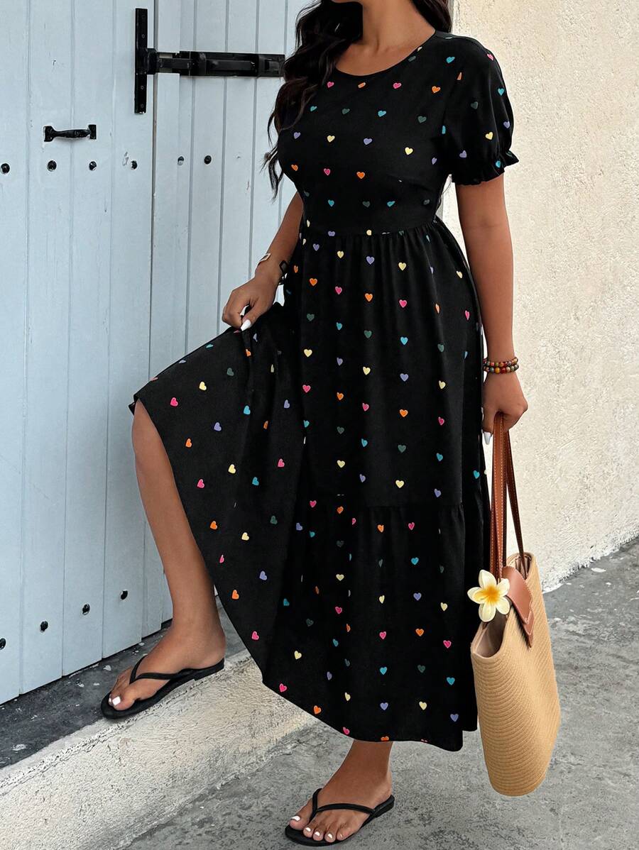 Calvaya Plus Size Women Round Neck Short Sleeve Ruffle Hem Casual Heart Print Dress Elegant - Black - View 1