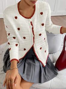 INAWLY Women's Heart Pattern Long Sleeve Single-Breasted Casual Cardigan, Autumn/Winter Fall Cloth For Women