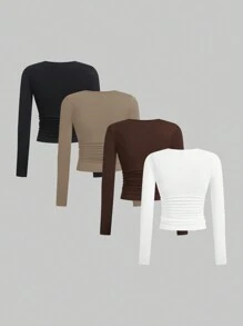 SHEIN EZwear Multi-Color Knitted Women's Round Neck Long Sleeve Ruched Bodycon T-Shirt