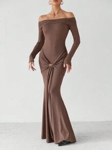 SHEIN Tall Off Shoulder Long Sleeve Wrap Dress - Coffee Brown - View 5