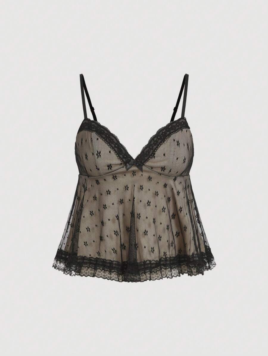 SHEIN MOD Women's Elegant Sexy Black Lace Deep V-Neck Camisole, New Years, Street Wear, Party, Clothes, Summer Women Tops, Goth - Black - View 1