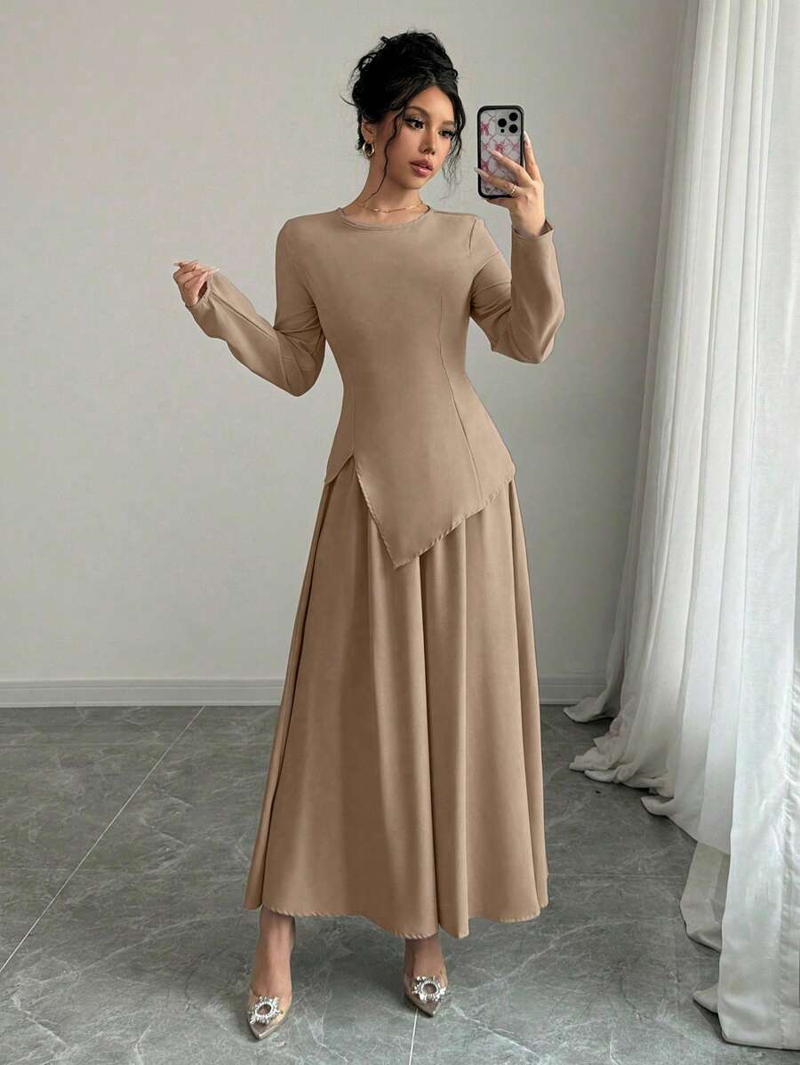 Selianne 女款優雅淑女長袖圓領收腰後方不對稱下擺上衣與長裙兩件套秋季女裝 - 杏色 - 查看 1