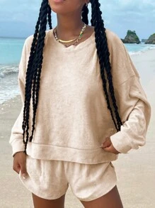 SHEIN Slayr 2 件套女士度假休闲纯色上衣和短裤套装