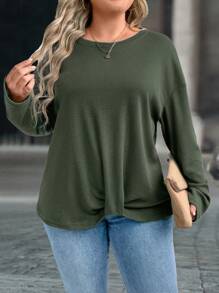 SHEIN LUNE Plus Size Women's Casual Twist Front Hem Long Sleeve T-Shirt, Spring/Autumn