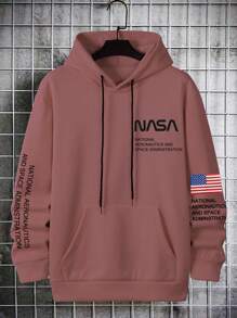 Manfinity Homme Loose Fit Men's Slogan Graphic Kangaroo Pocket Drawstring Hoodie - Dusty Pink - View 3