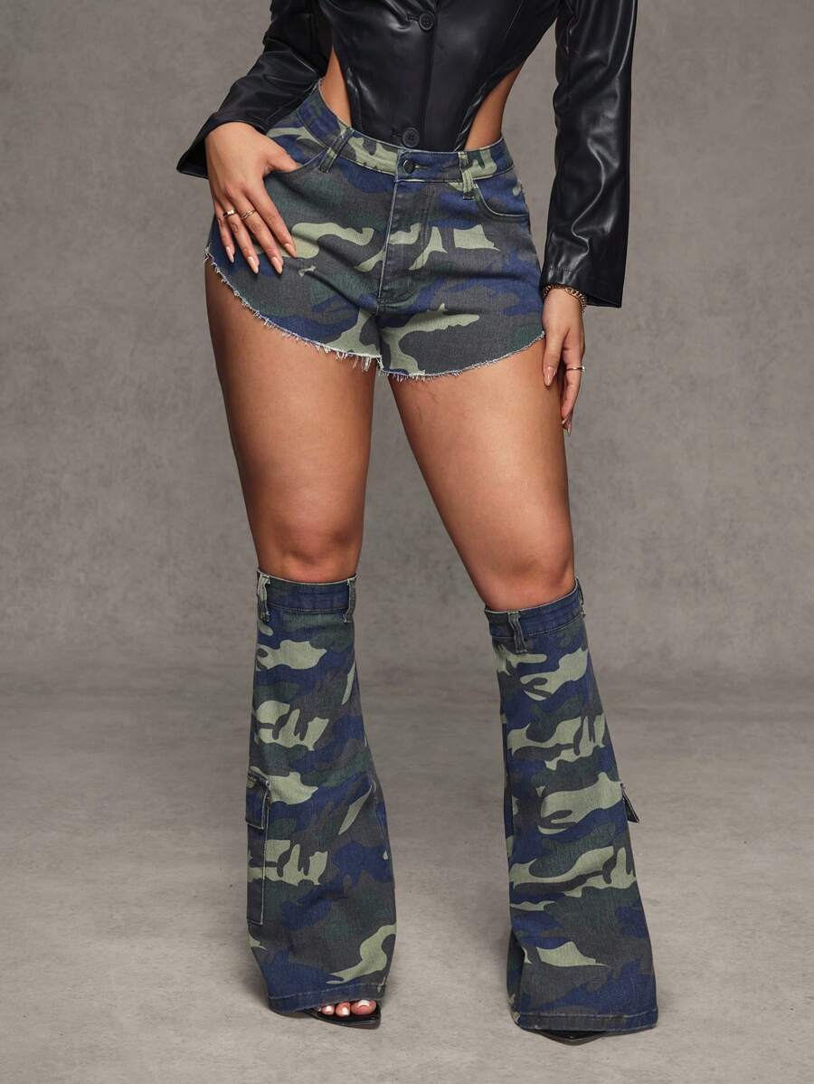 SHEIN BAE Women's Camo Print Pocketed Frayed Hem Casual Denim Shorts With Leg Warmers - Multicolor - View 1