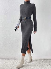 Firerie Women Plain High Neck Long Sleeve Split Hem Minimalist Dress