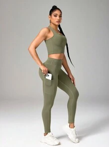 Easithlete Women Solid Color Sleeveless Minimalist Top And Pants Sports Suit Workout Women Set Women Workout Set Women Leggings Set - Army Green - View 5