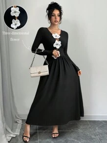 Calvaya Vestido largo de mujer de manga larga con bloque de color, decoración floral hueca en la parte delantera y central, estilo línea A, atuendo de mujer para otoño/invierno