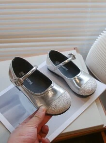 1 paio di scarpe in pelle argento per ragazza, scarpe eleganti e semplici con glitter, suola morbida e antiscivolo