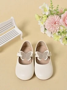 1 Pair Girls' Butterfly PU Leather Flats, Cute Princess Shoes, Suitable For Spring/Summer - Beige - View 1