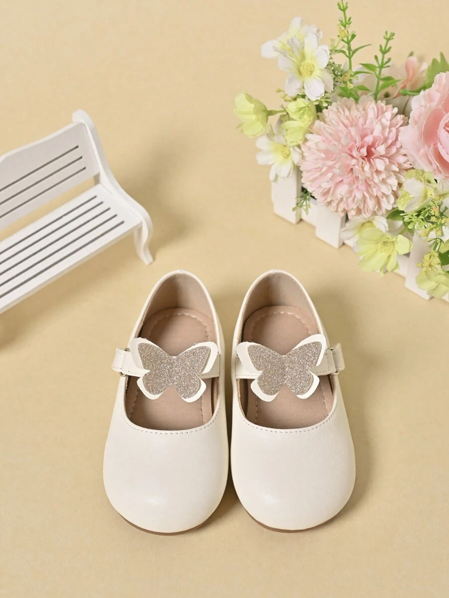 1 Pair Girls' Butterfly PU Leather Flats, Cute Princess Shoes, Suitable For Spring/Summer - Beige - View 1