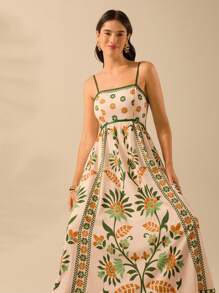 CAJUNI 女士度假细肩带露背 Selenipedium 和杜鹃花印花吊带背心休闲夏季连衣裙，优雅而优美